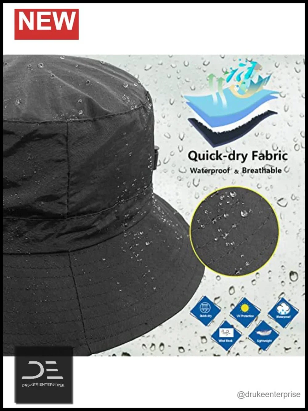 Waterproof Bucket Rain Hat with Chin Strap Quick Dry Packable Boonie Sun Hat